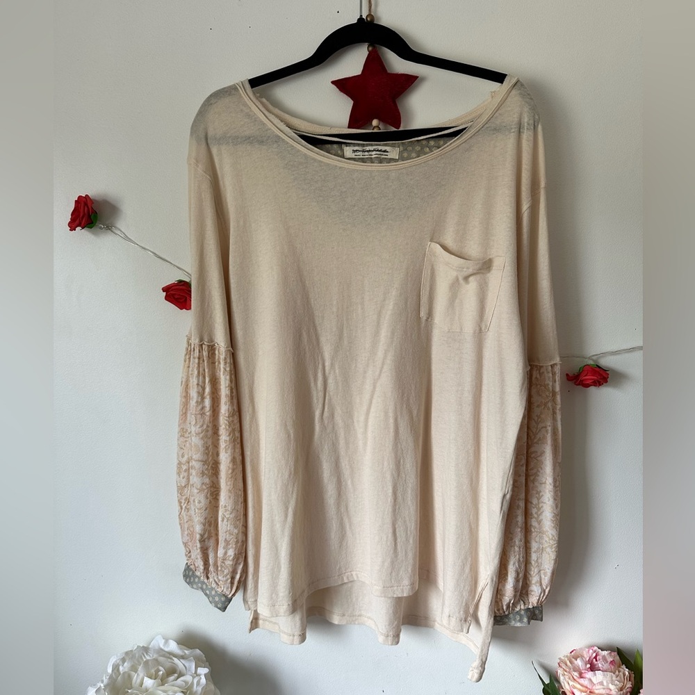 Free People Jade Printed Sleeve Cream Pocket Elegant Women's Top S M L - Picture 11 of 12